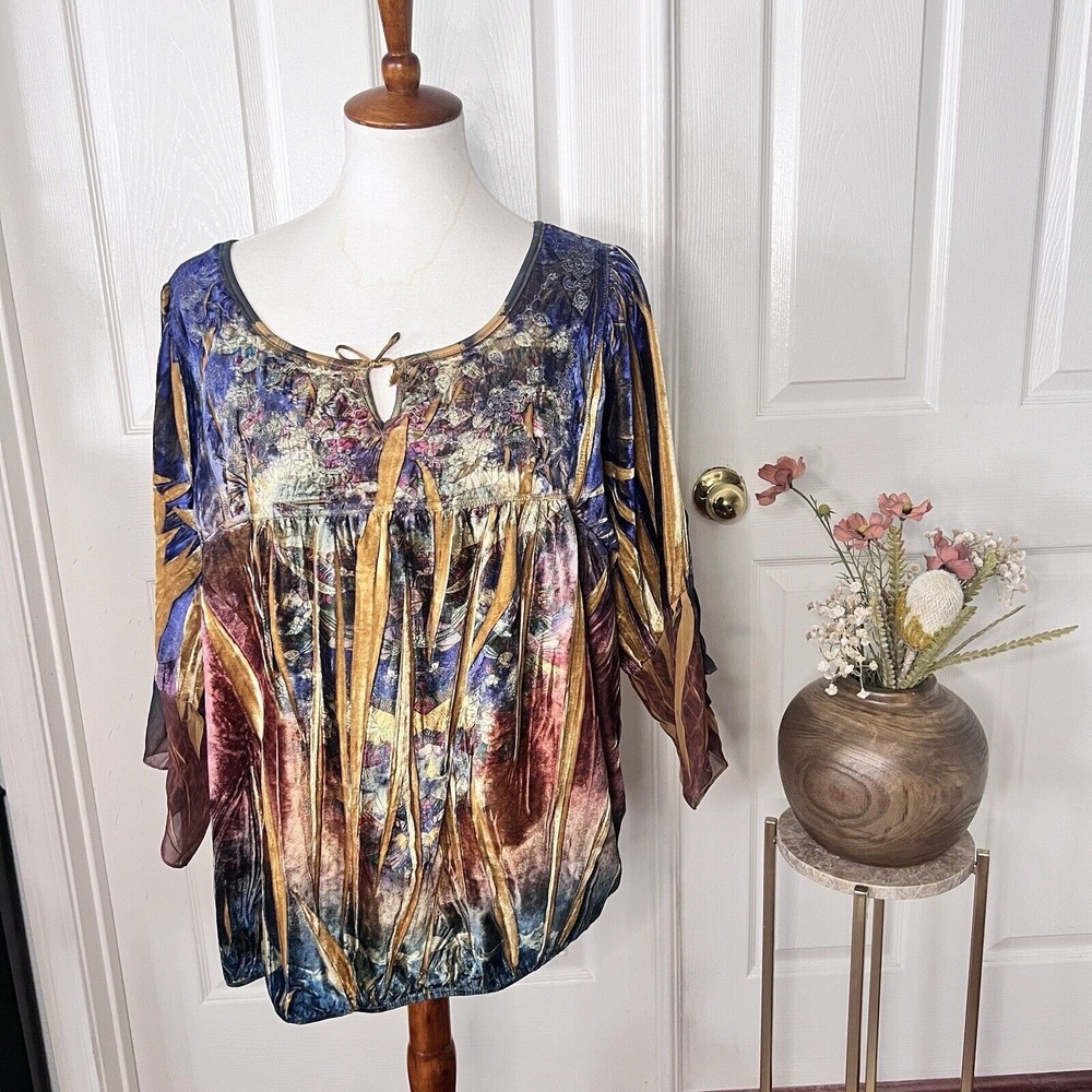 Womens Velvet Embroidered TieDye TopPlus Sz 2X Whimsygoth Fairycore Bohemian Y2K